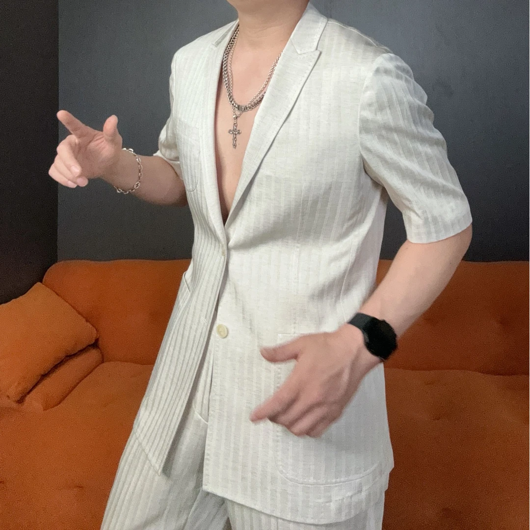 WZZ男夏季亚麻条纹短袖西服套装轻薄凉爽休闲商务高级休闲西装男