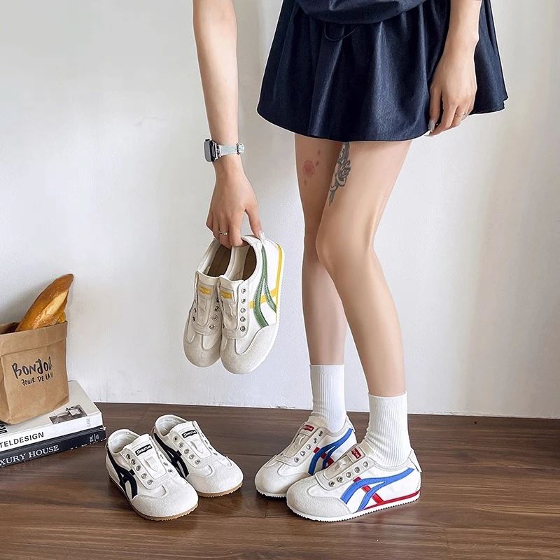 平底帆布休闲德训鞋女2025年夏季新款薄款透气小白鞋一脚蹬阿甘鞋