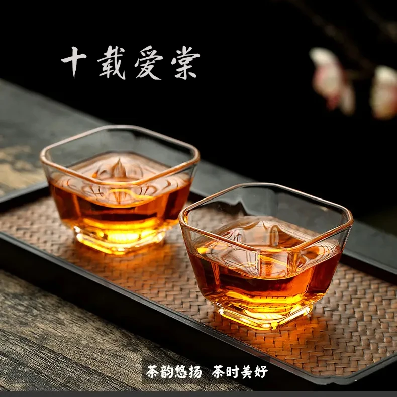 四方透明品杯小杯子饮茶杯品茗杯耐热玻璃杯耐热防爆耐高温茶具