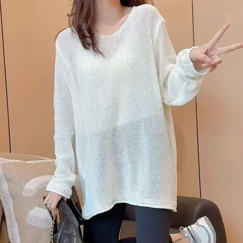 2025年春新款圆领亮闪闪纯色T恤长袖网红时尚宽松韩版中长款上衣