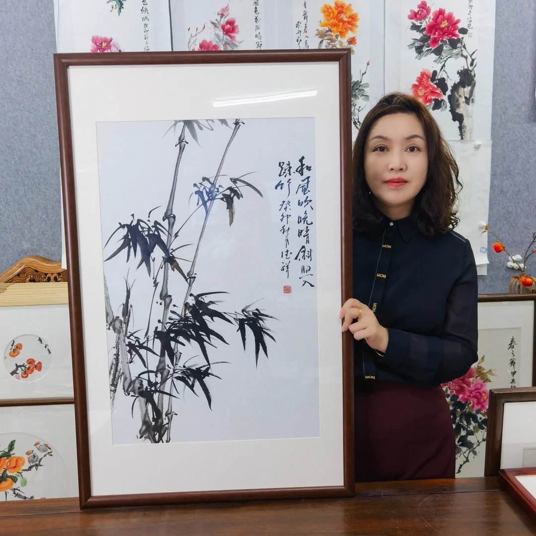 新年福利 竹子《和风吹晚晴》画面45*68 实木框裱58*93