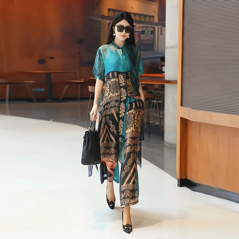 轻奢大码女装2025春夏国风印花气质女套装休闲时尚宽松减龄妈妈装