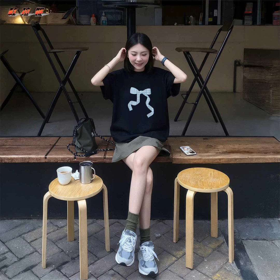 杜拉妮黑色短袖t恤女款2025纯棉宽松半袖夏季美式小众不撞款上衣