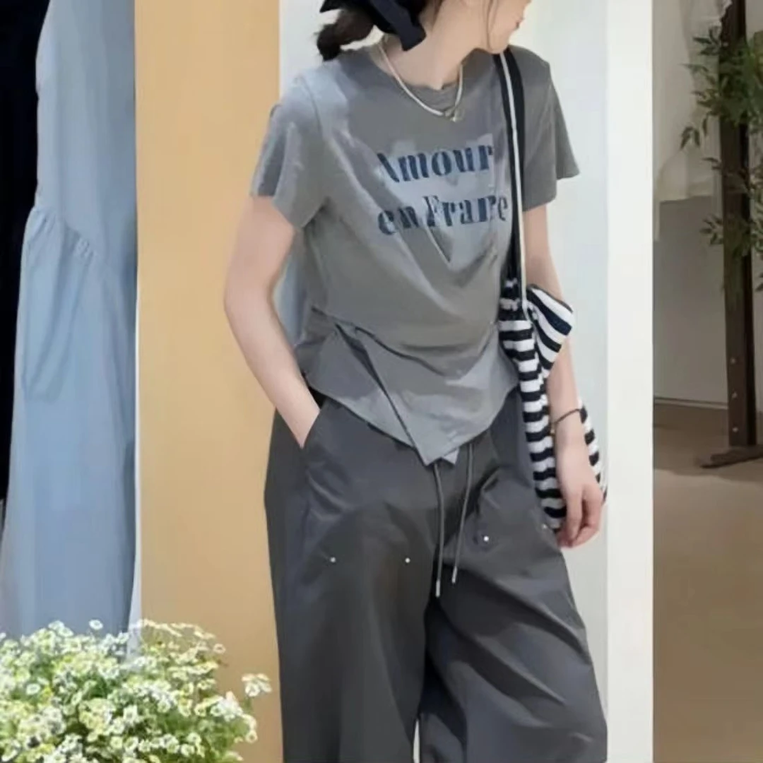 韩版时尚洋气百搭显瘦简约修身减龄短袖2025夏季新款不规则上衣