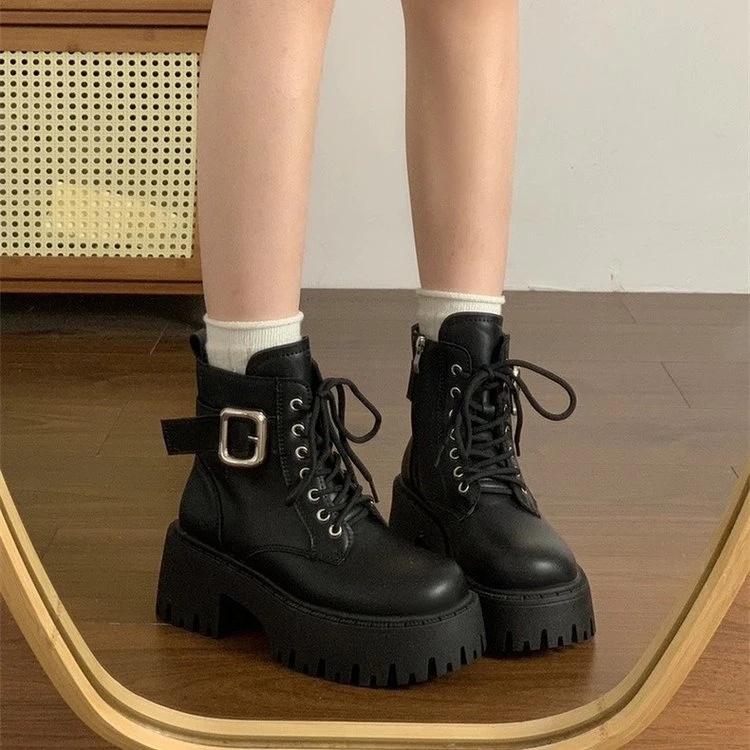 亦声前系带平底短筒靴子时装靴PU人造短毛绒中跟冬季橡胶ZDXY