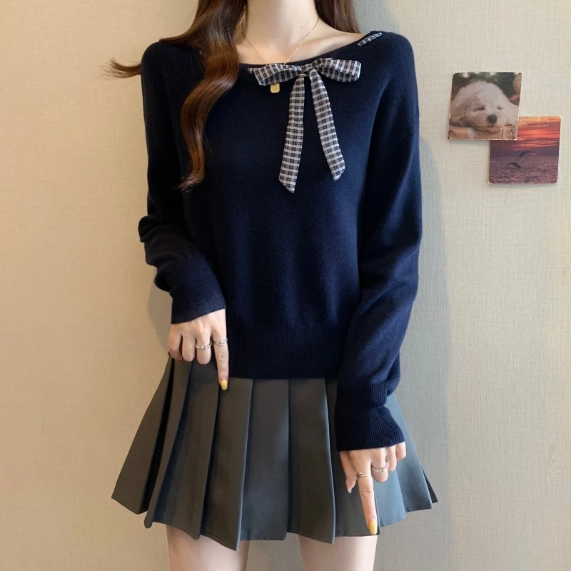 大码女装胖mm格子系带长袖毛衣秋季2025新款独特漂亮显瘦针织上衣