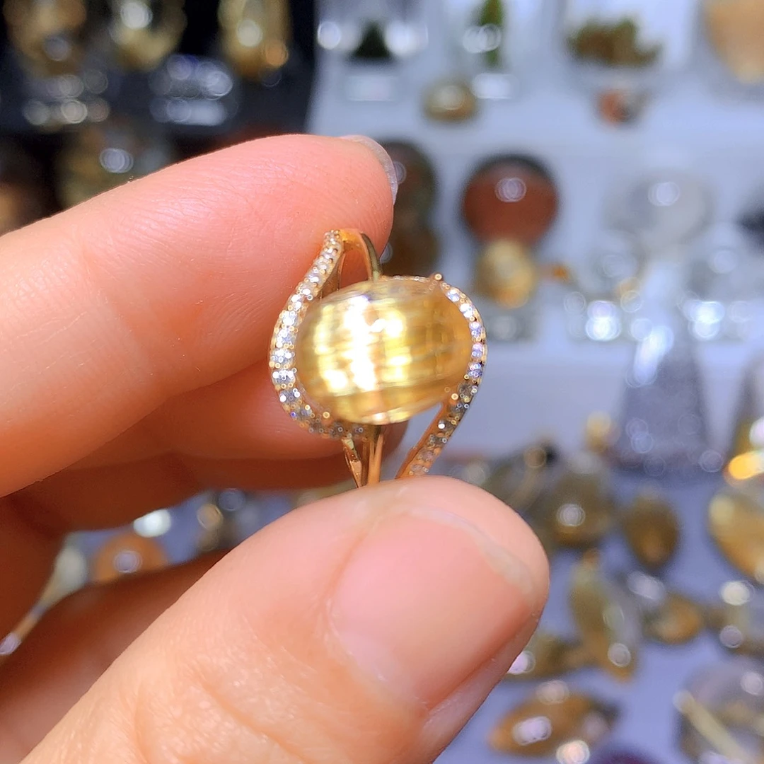 水晶戒指银S925镀金镶嵌天然水晶