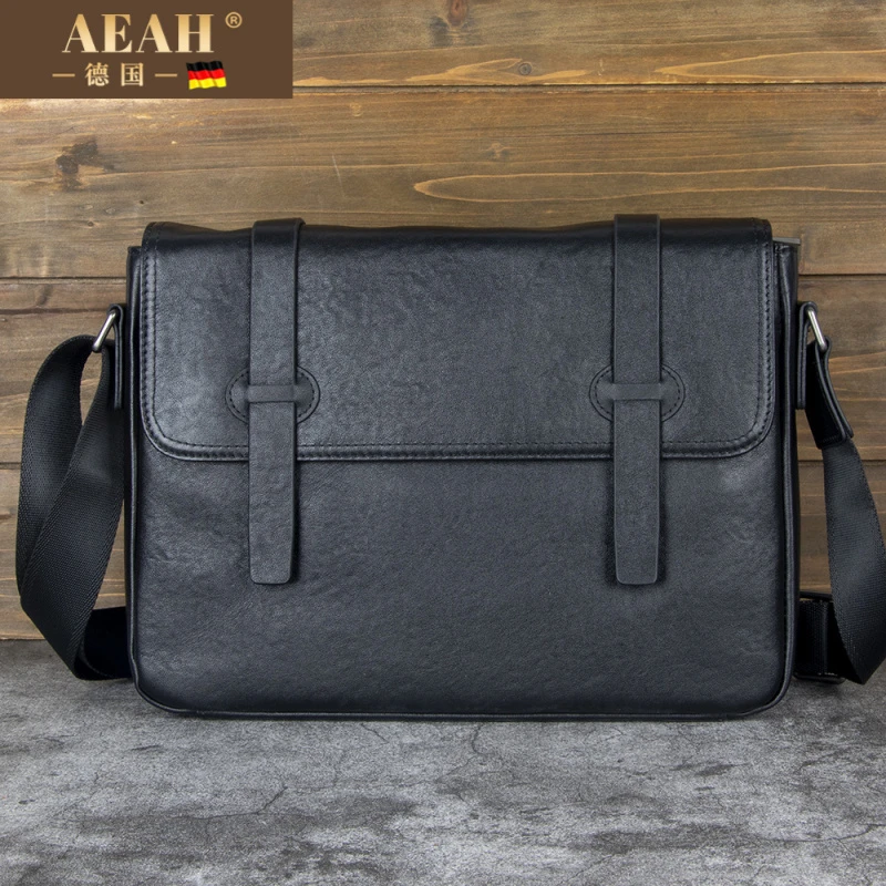 AEAH日韩新款头层牛皮商务真皮男包男士单肩包横款大容量斜挎包邮