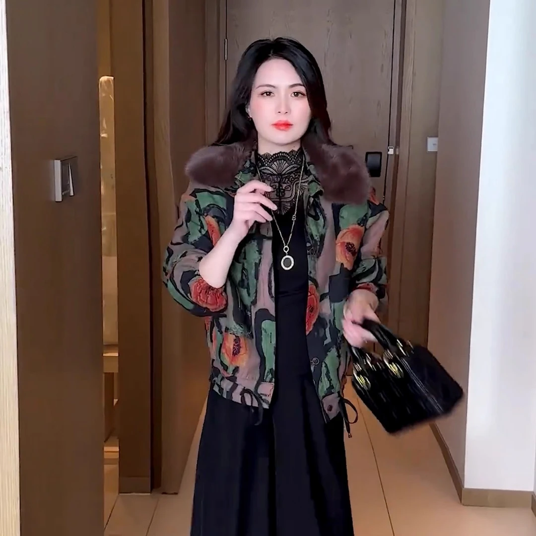 雅鹿高端印花短外套女冬季时尚气质加绒洋气加厚翻领上衣休闲夹克