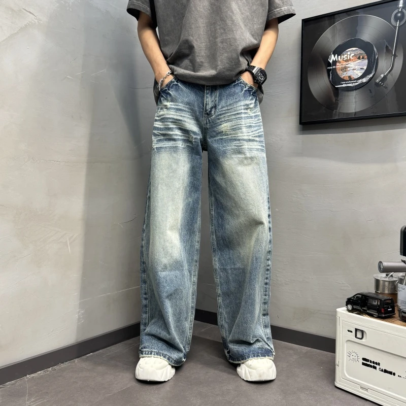 做旧水波纹复古蓝色纯色牛仔长裤新款男士百秋日男士水洗做旧直筒