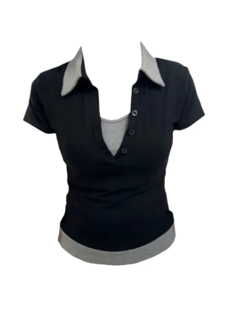 大码微胖mm设计感假两件撞色正肩短袖T恤女修身显瘦辣妹风上衣