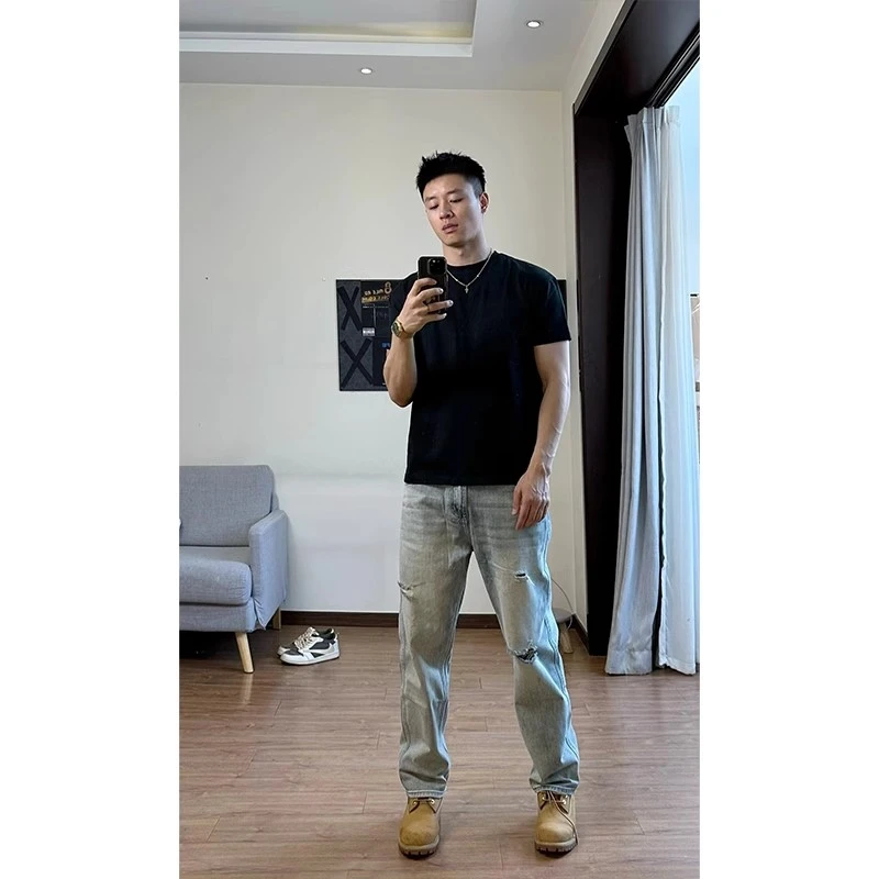 高克重磅黑色t恤男夏季短款cleanfit短袖纯棉美式复古小领口半袖