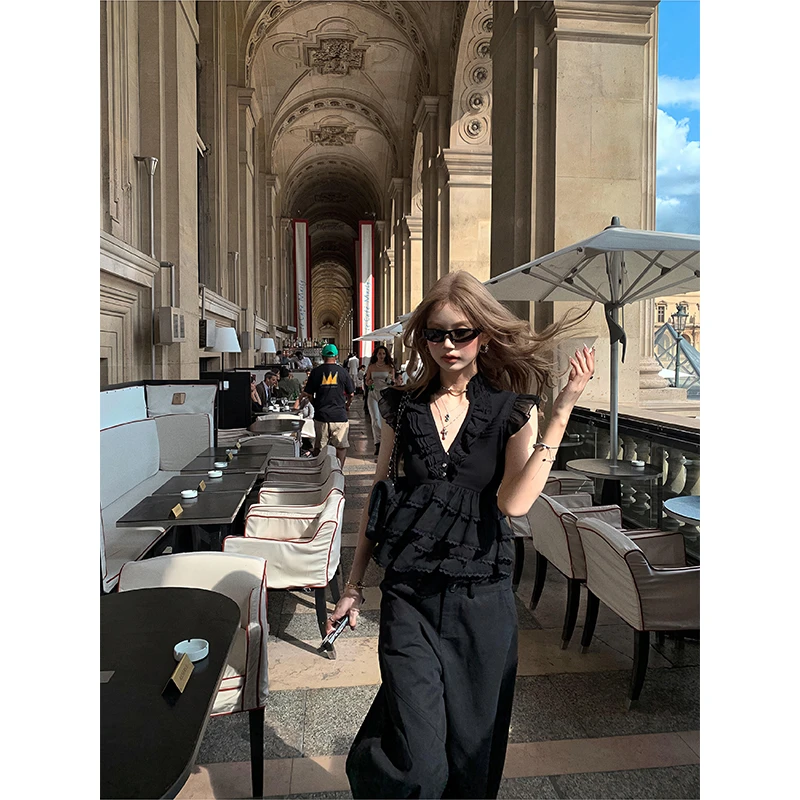 2025新款女士夏季不规则蕾丝花边雪纺衫度假风深V无袖上衣阔腿裤