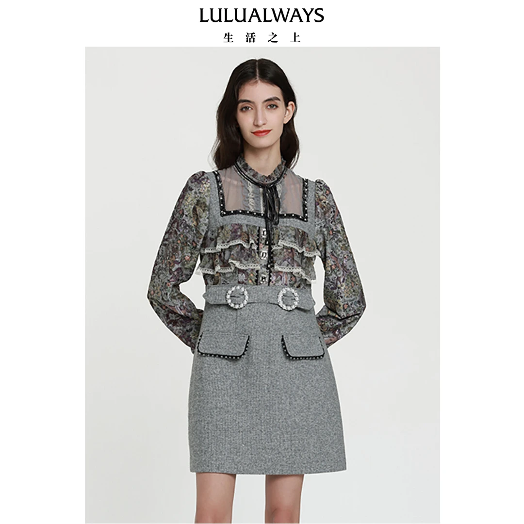 LULUALWAYS23冬季新款飘带拼接短毛呢连衣裙LOD5032