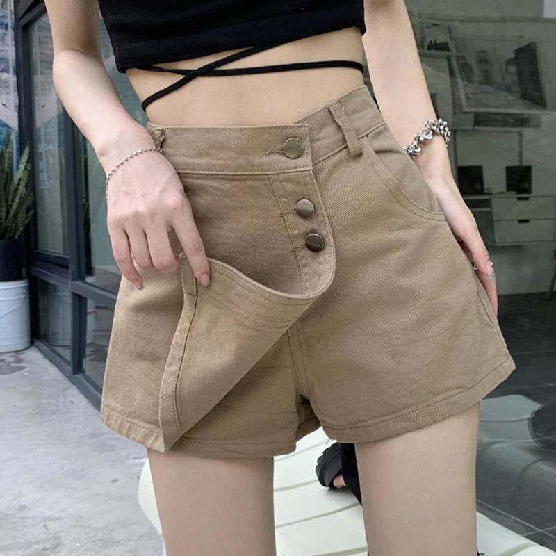 卡其色半身裙女夏季2025新款设计感小众高腰牛仔短裙A字阔腿裤裙