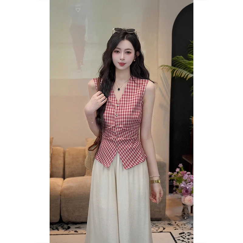 YUANLIANSU/圆脸酥【桃溪浅酌】新款复古韩系风红色格子V领衬衫上衣