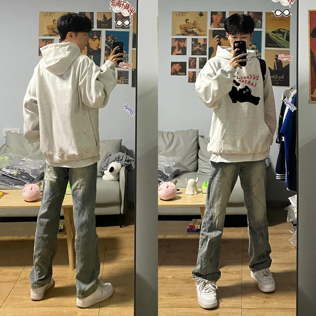 美式个性小猫字母印花宽松连帽卫衣男女秋冬季休闲百搭情侣款上衣