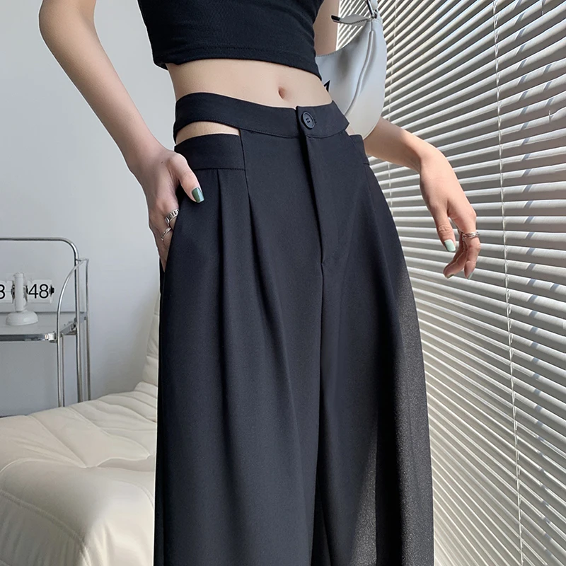 设计感露腰黑色西装裤女夏季新款小个子宽松直筒休闲阔腿拖地长裤