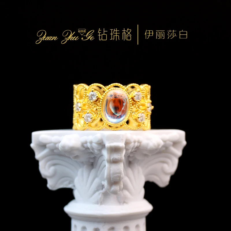 钻珠格999足金月光恋人黄金新款戒指黄金镶嵌莫桑钻送女友送老婆