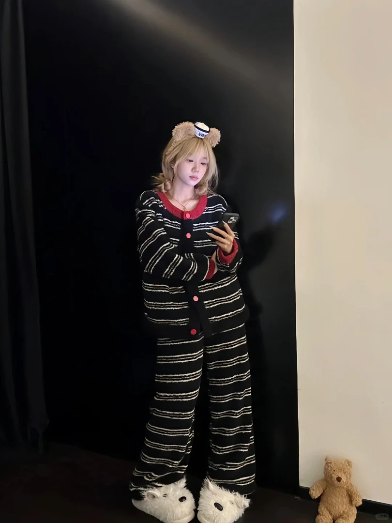 韩系极简风条纹针织半边绒睡衣女冬季新款加绒加厚保暖家居服套装