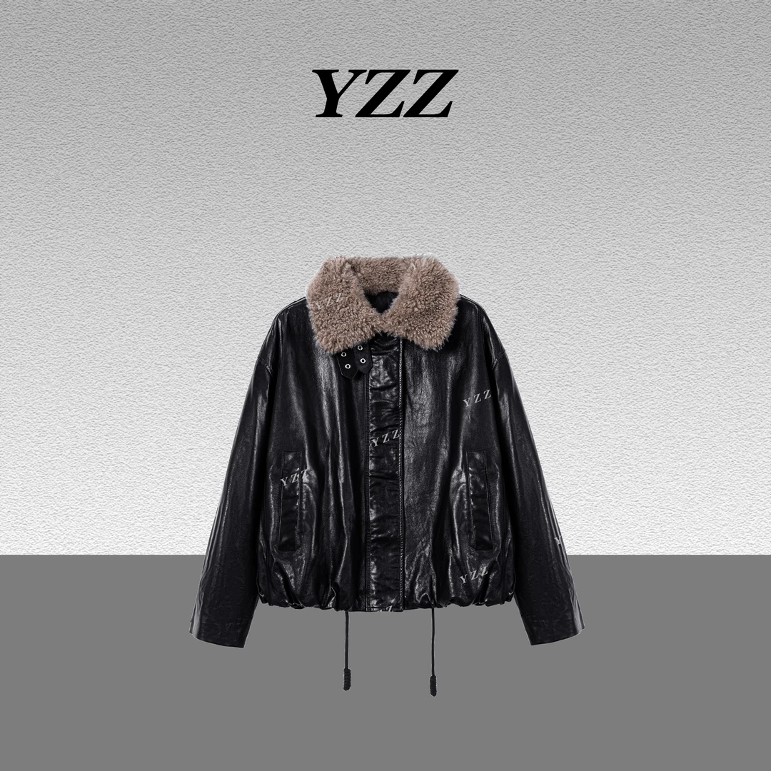 YZZ“黑骑士” 山羊绒毛领时尚绵羊皮衣夹克外套 810623