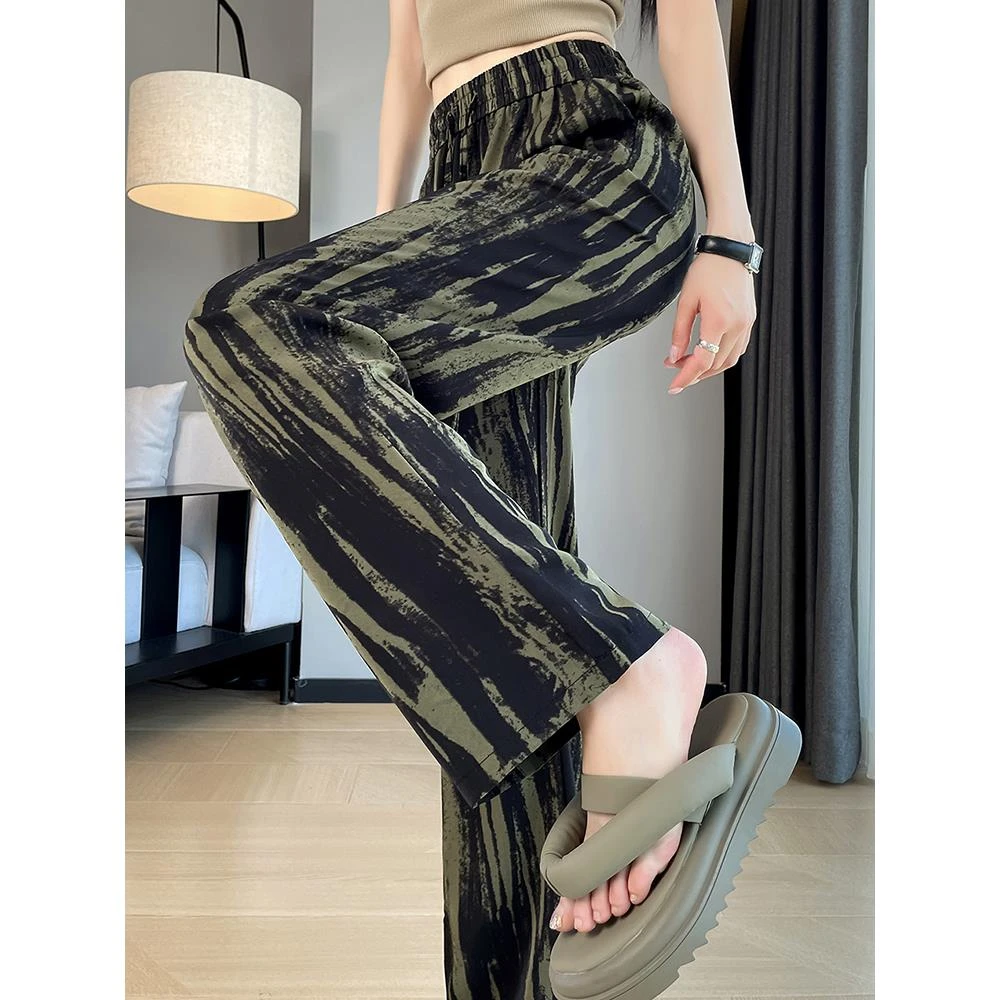 冰丝扎染阔腿裤女夏季薄款2025新款高腰垂感小个子宽松直筒休闲裤