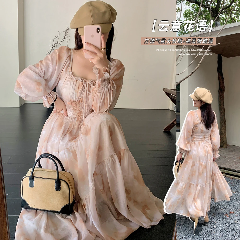 大码春季新款法式氛围感扎染连衣裙