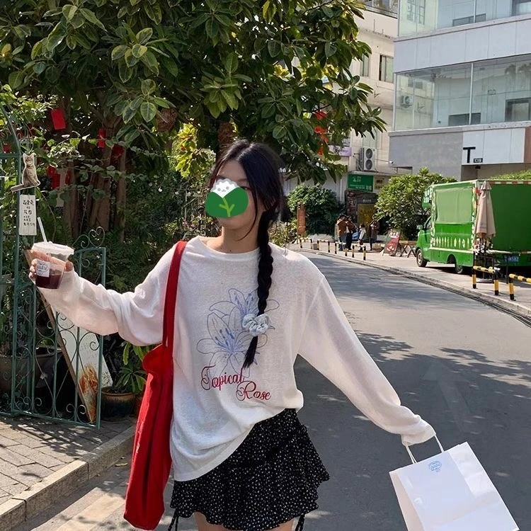 CyberSweet/2025春季慵懒感韩系薄款百合印花长袖小众宽松防晒衫