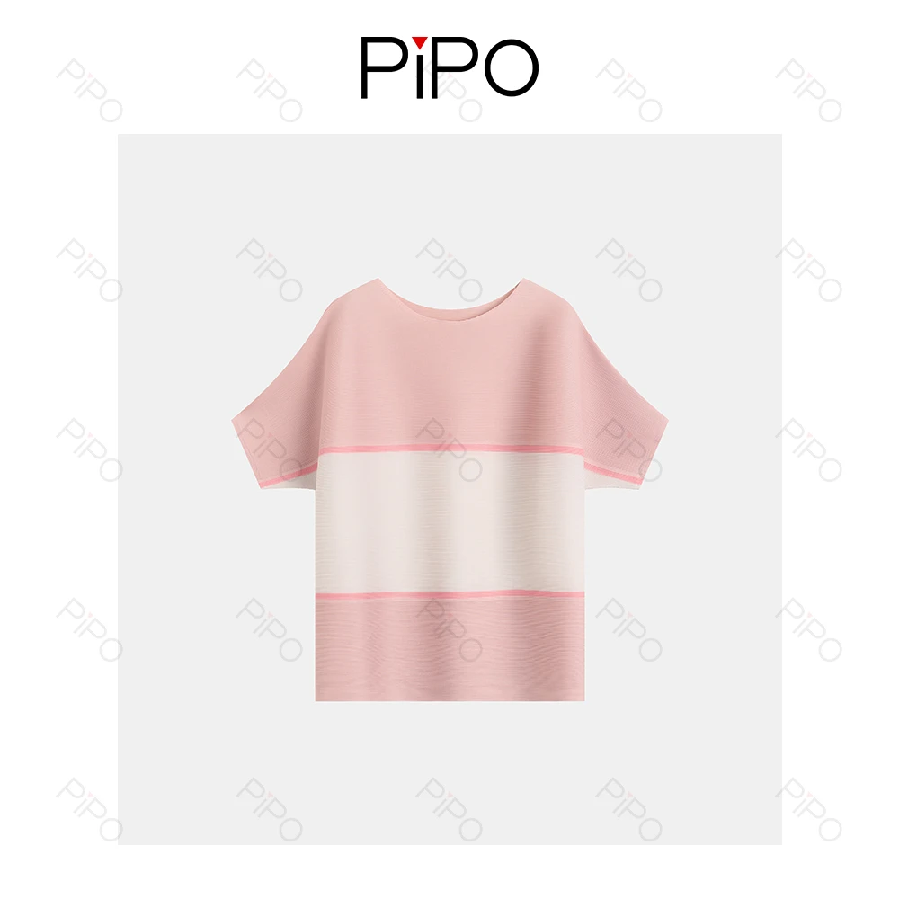 PIPO褶皱拼色圆领短袖休闲风百搭运动拼接时尚DD52XS009