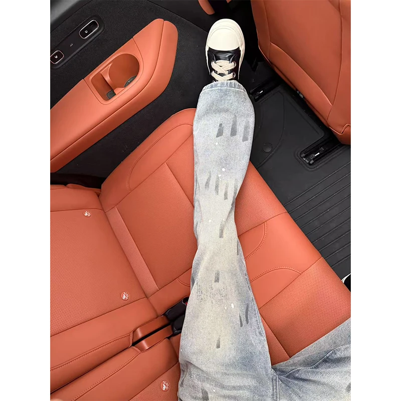 猫爪痕泼墨水洗牛仔裤男款夏季美式vintage扎染裤子显瘦直筒长裤