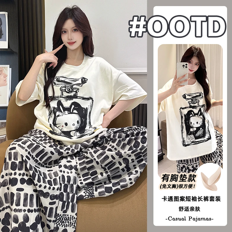 夏季带胸垫睡衣女士纯棉短袖长裤2025年新款可爱小喵家居服两件套