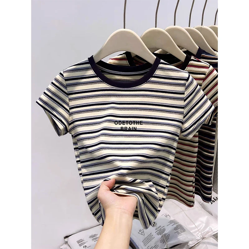 2025夏季领口拼色正肩条纹短袖t恤女时尚百搭洋气显瘦上衣打底衫