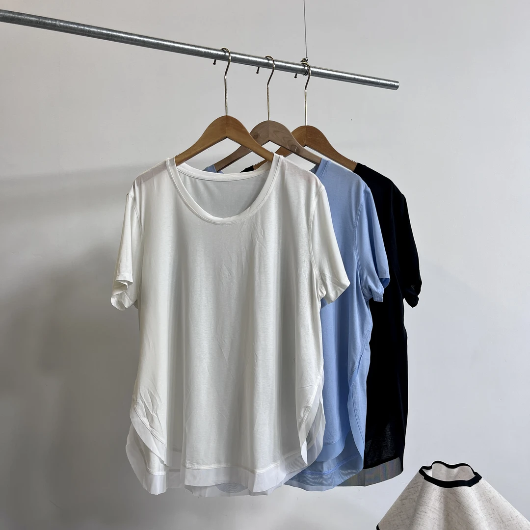 A225187三色宽松下摆网纱T恤