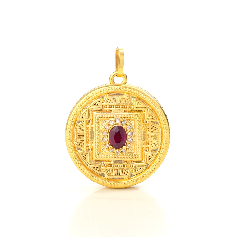 [天上宫阙]18K金钻石红宝石圆牌吊坠（约30分）国潮46800古法镶嵌