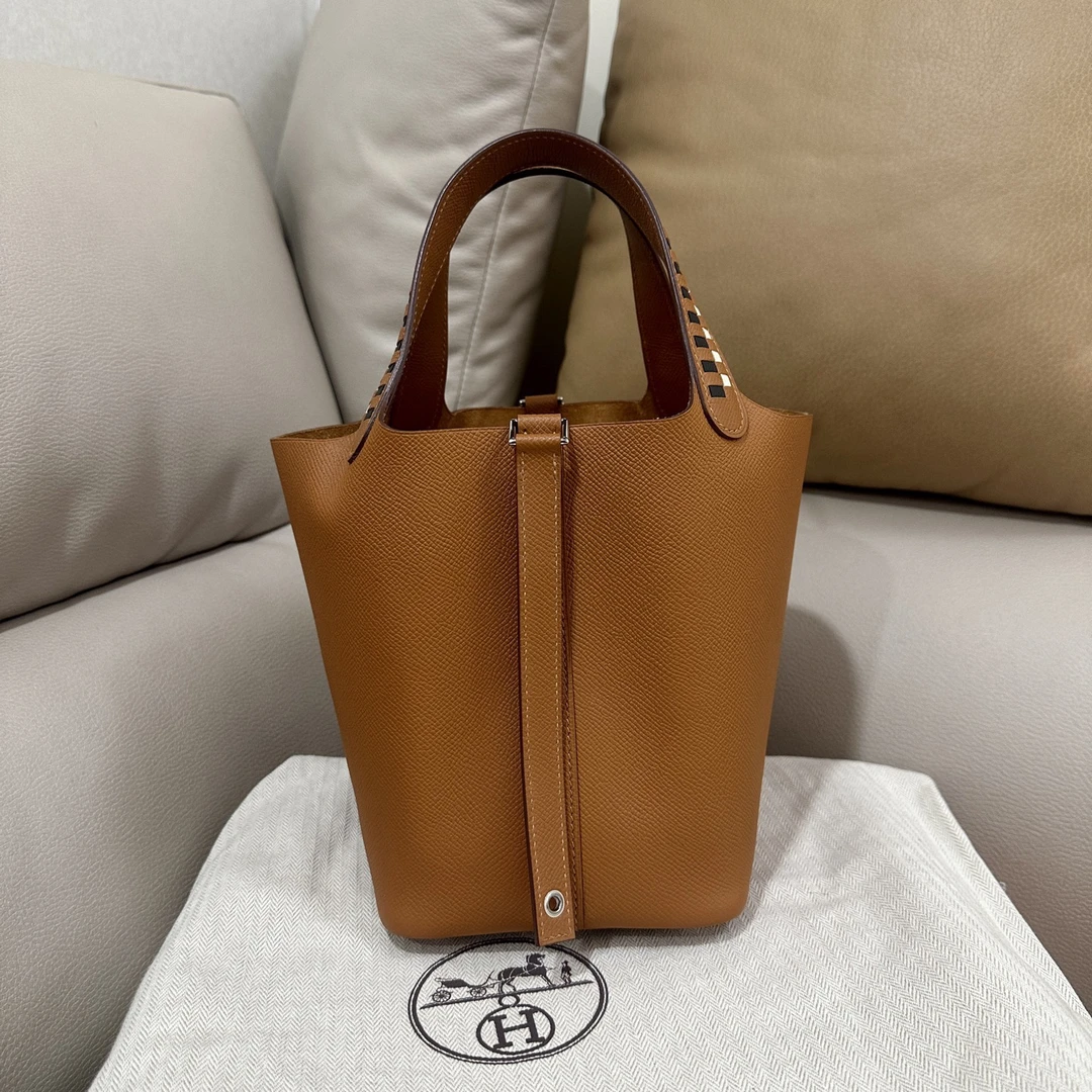 99新 Hermes/爱马仕 金棕编织手柄菜篮子18