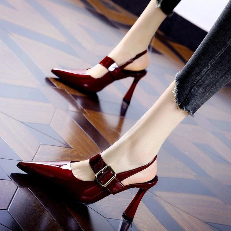 L5153尖头漆皮单鞋细百搭皮带扣高跟鞋浅口跟女新款春夏季年2025