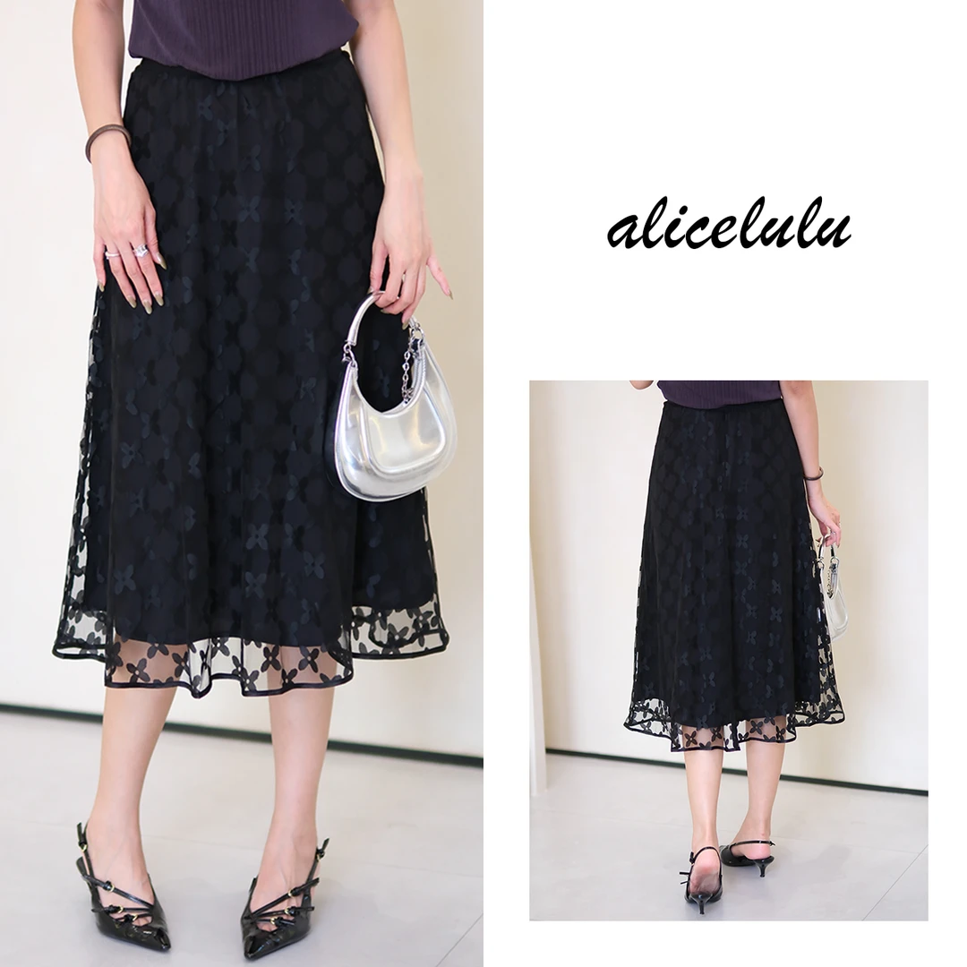 [alicelulu]黑色网纱蕾丝半身裙女遮胯显瘦a字大摆裙S622476U