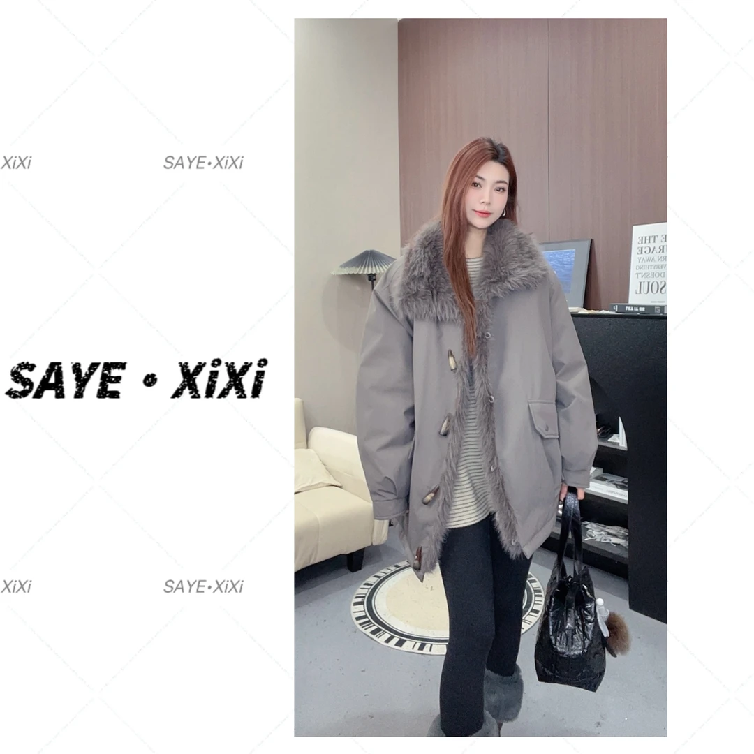 加绒加厚款女纯色复古毛领简约中长款冬季女款