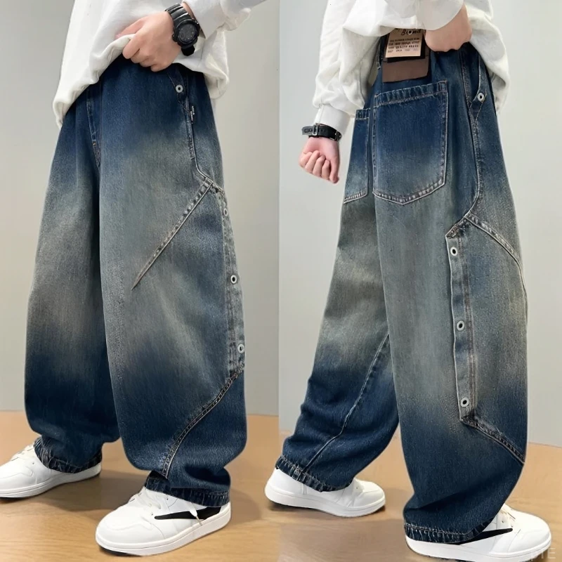 【秋款上新】男童牛仔直筒裤中大童装纯色拼接时髦宽松儿童休闲裤子