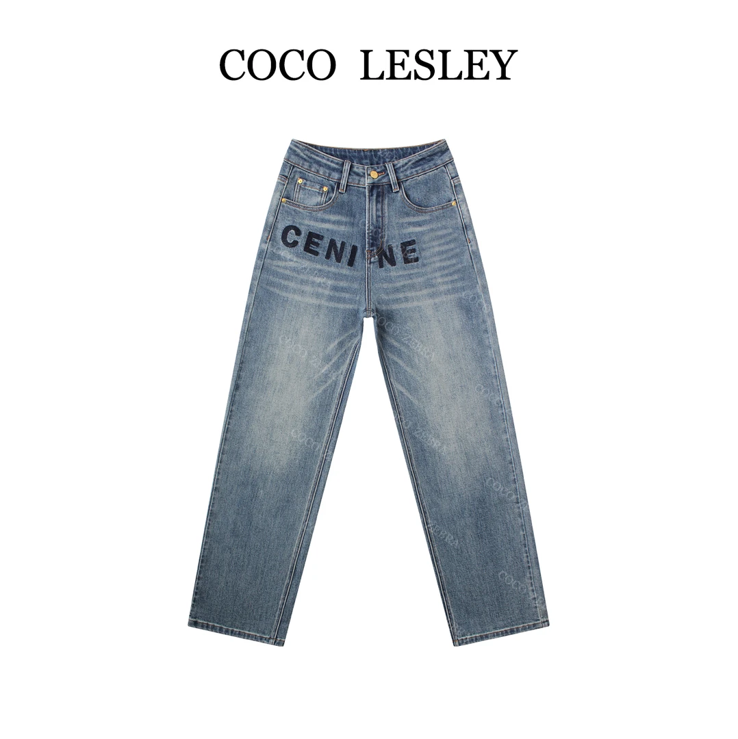 【COCO LESLEY】窄版阔腿牛仔裤休闲百搭撞色字母刺绣阔腿裤LW1030