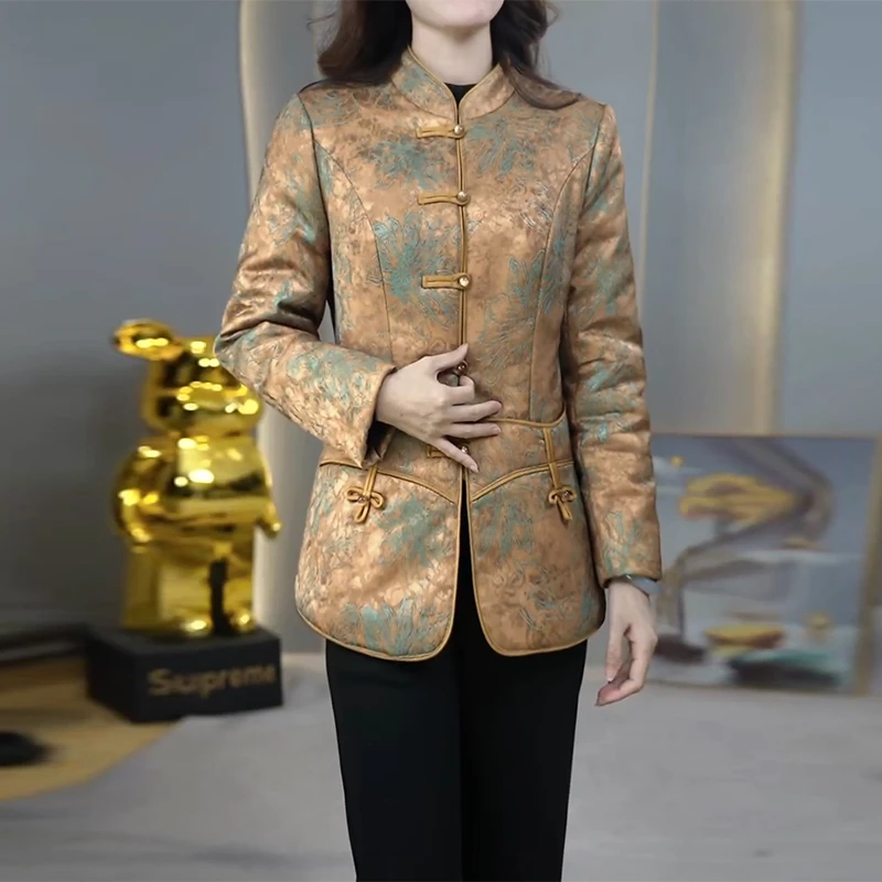 2025冬季新款新中式百搭加厚复古盘扣印花修身棉服女气质保暖外套