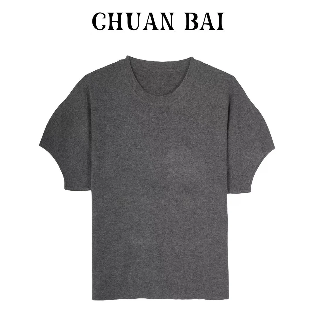 CHUANBAI超细精仿羊绒羊毛短袖女 纯色轻奢时尚针织套头衫