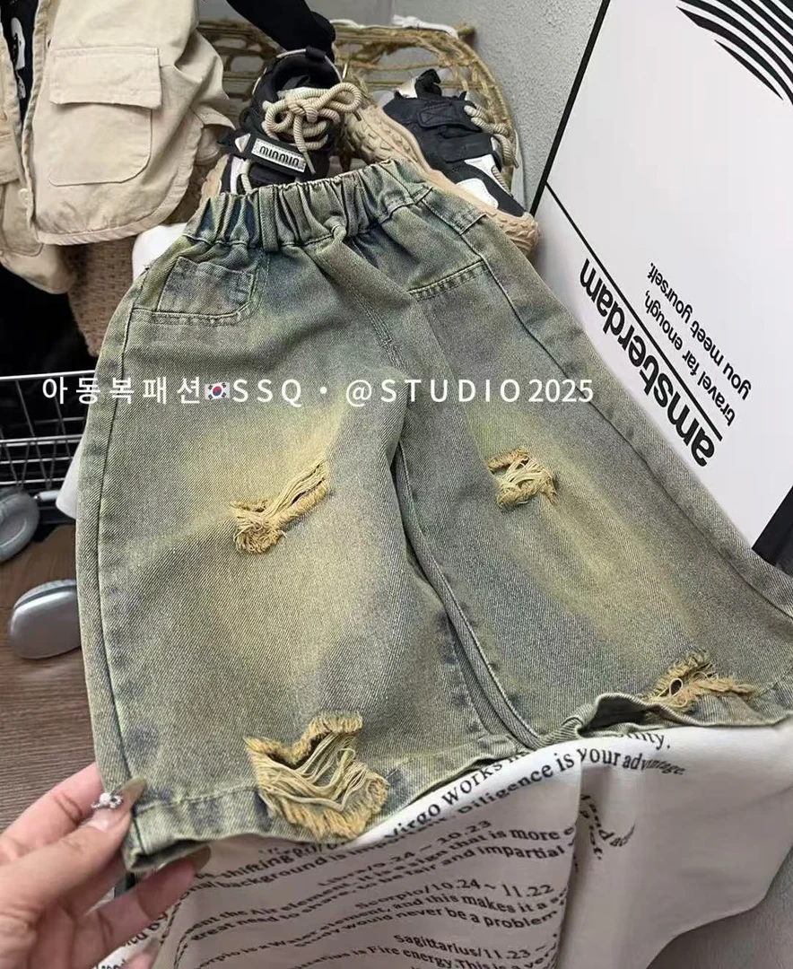 015-韩风破洞牛仔怀旧高级色牛仔裤阔腿裤