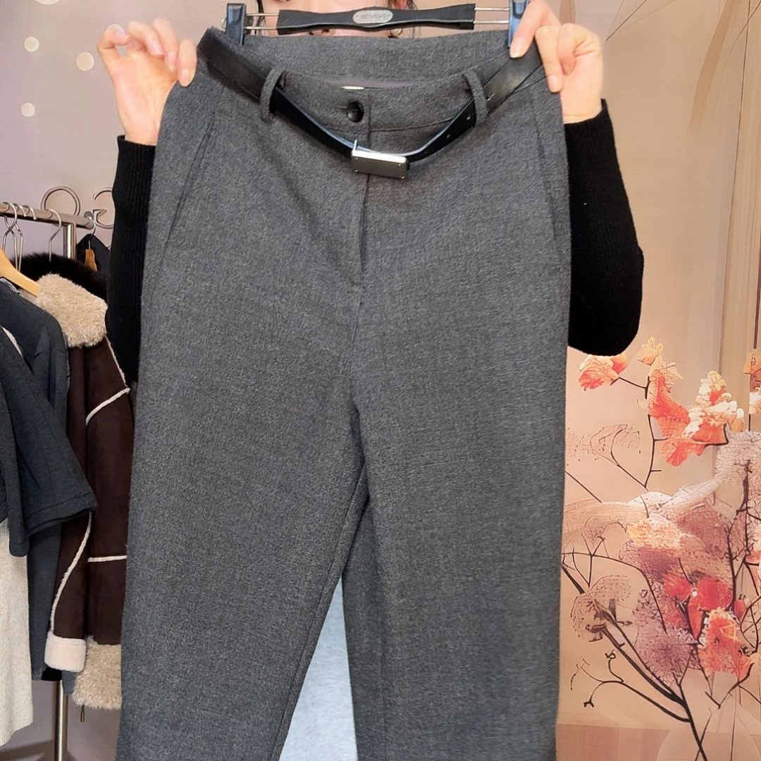 深灰色毛呢弯刀裤