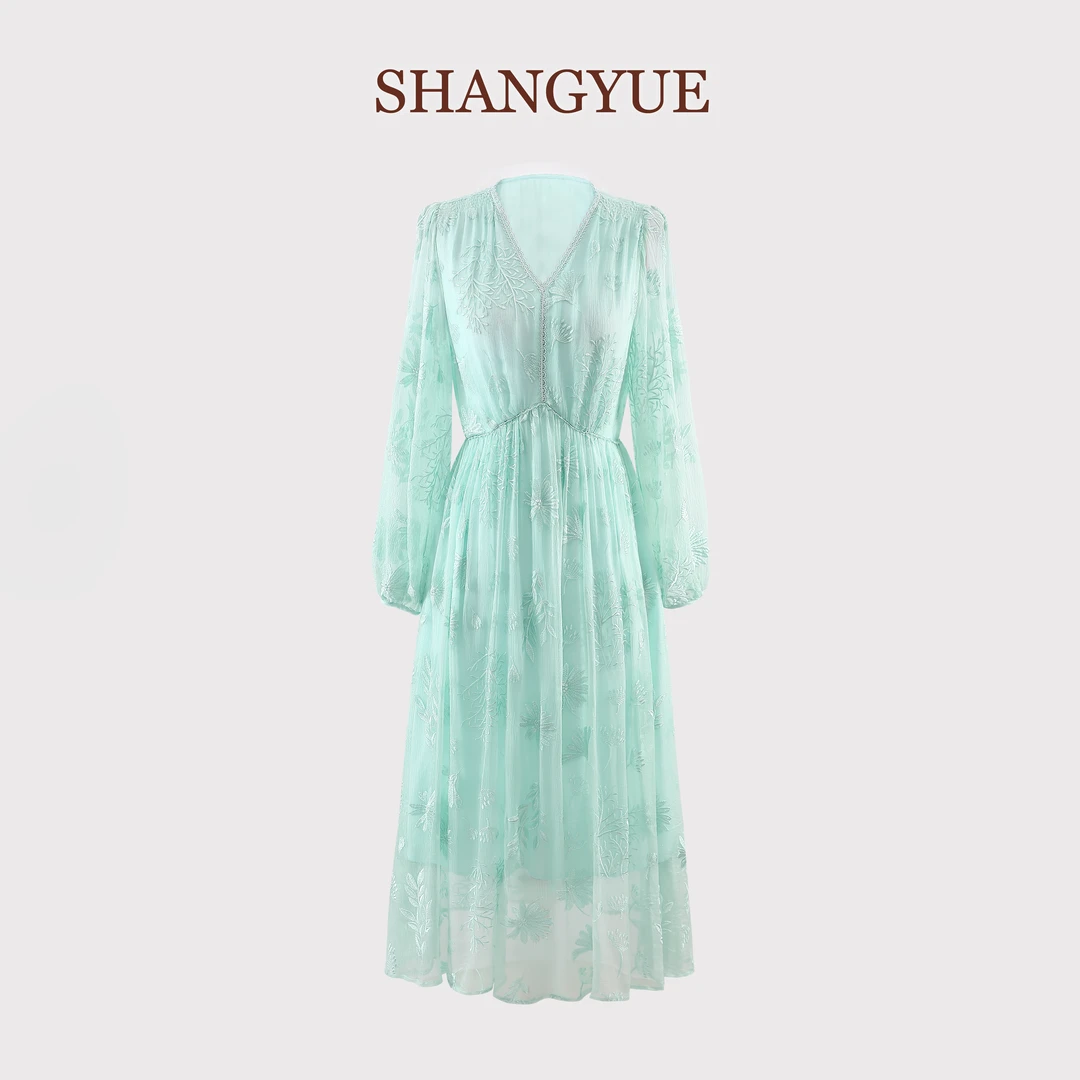 “裳玥丝绸”重工刺绣6A真丝100%桑蚕丝扎染V领气质女装连衣裙C022