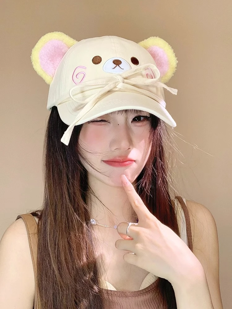 可爱蝴蝶结轻松熊棒球帽女夏季卡通显脸小帽子户外遮阳防晒鸭舌