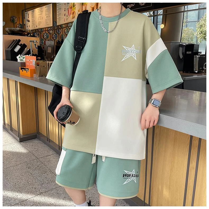男士短袖t恤套装夏季新款港风潮流时尚休闲百搭帅气青少年两件套