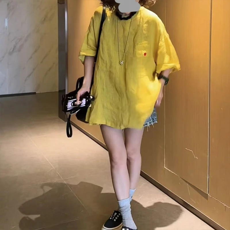 法式圆领短袖衬衫女夏季2025新款宽松慵懒风宽松休闲高级感T恤薄