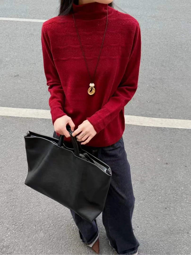 J849韩系温柔风半高领钩花100羊毛女士打底