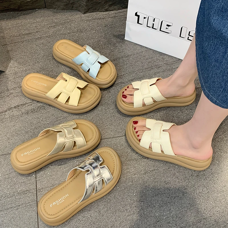 少女风3CM 厚底增高外穿拖地女夏季ins沙滩透气一字凉拖